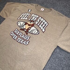 Taz Feel The Steel Six Flags‎ Over Texas Shirt Sz XL Brown